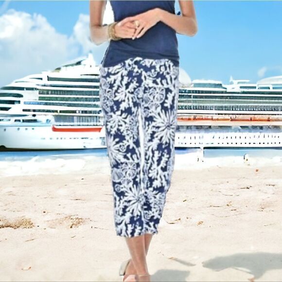 Lilly Pulitzer In the Groove Luxury Capri Pant Navy Seashell Nautical Print Sz 2 - Picture 2 of 9